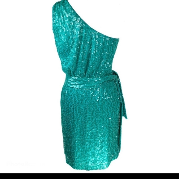 Calvin Klein Sequin Green Dress One Shoulder Sz 6 - Picture 3 of 4
